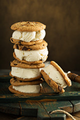 Homemade ice cream sandwiches with chocolate chip cookies