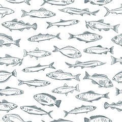 seamless pattern hand drawn fish - obrazy, fototapety, plakaty