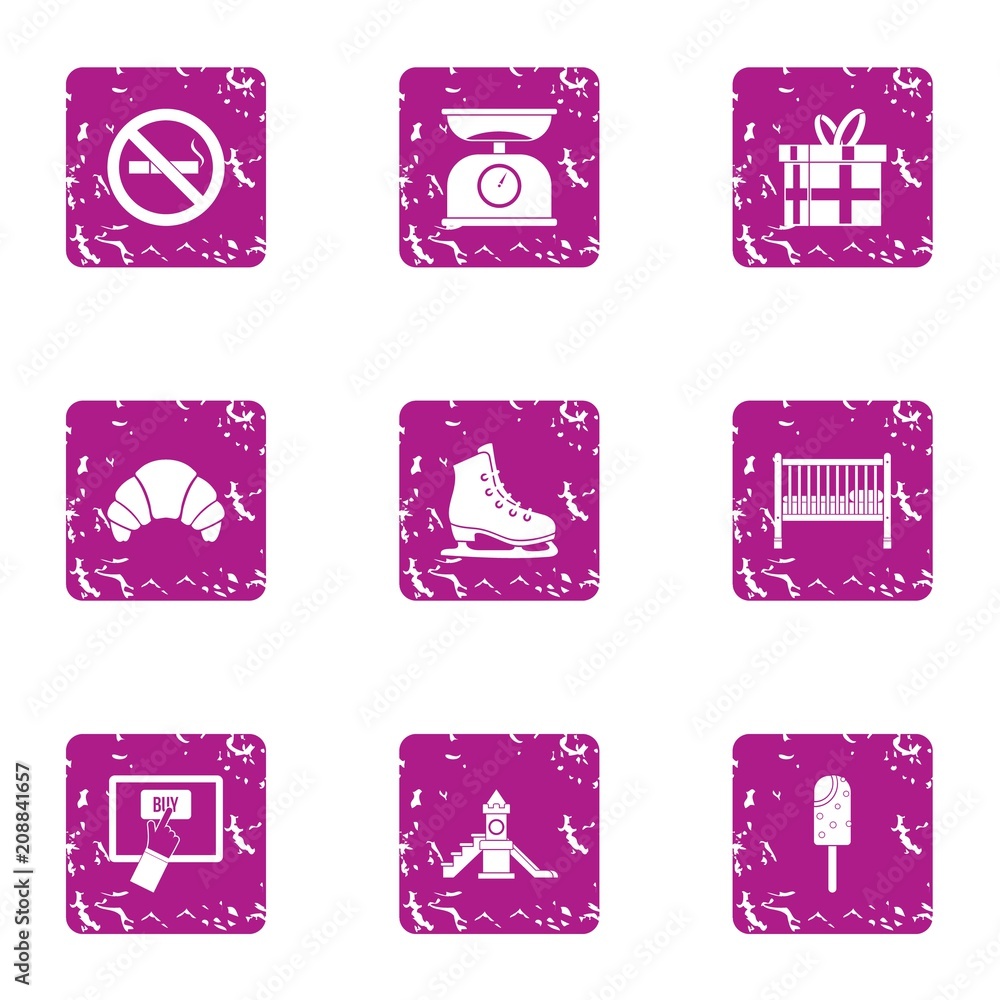 Poster moppet icons set. grunge set of 9 moppet vector icons for web isolated on white background