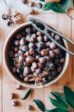Hazelnuts in a wooden bowl