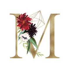 Floral Alphabet - letter M with flowers bouquet composition and delicate gold geometric shape crystal. Unique collection for wedding invites decoration and many other concept ideas.