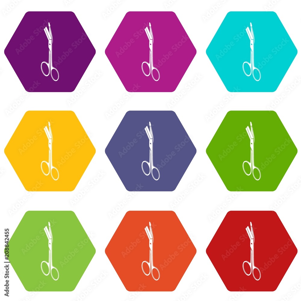 Poster angle scissors icons 9 set coloful isolated on white for web