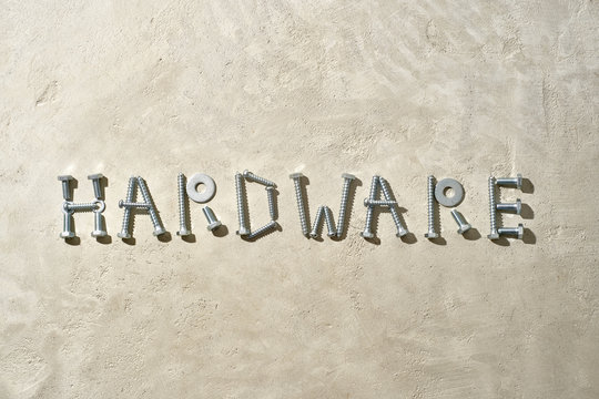 HARDWARE spelled out in nuts, bolts and washers