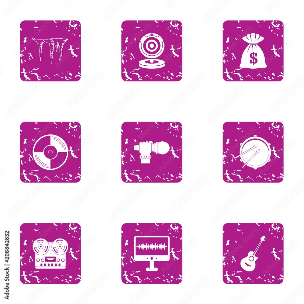Poster attachments to music icons set. grunge set of 9 attachments to music vector icons for web isolated o