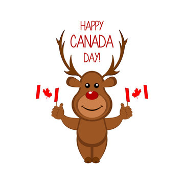 Cute moose holding flags. Canada day