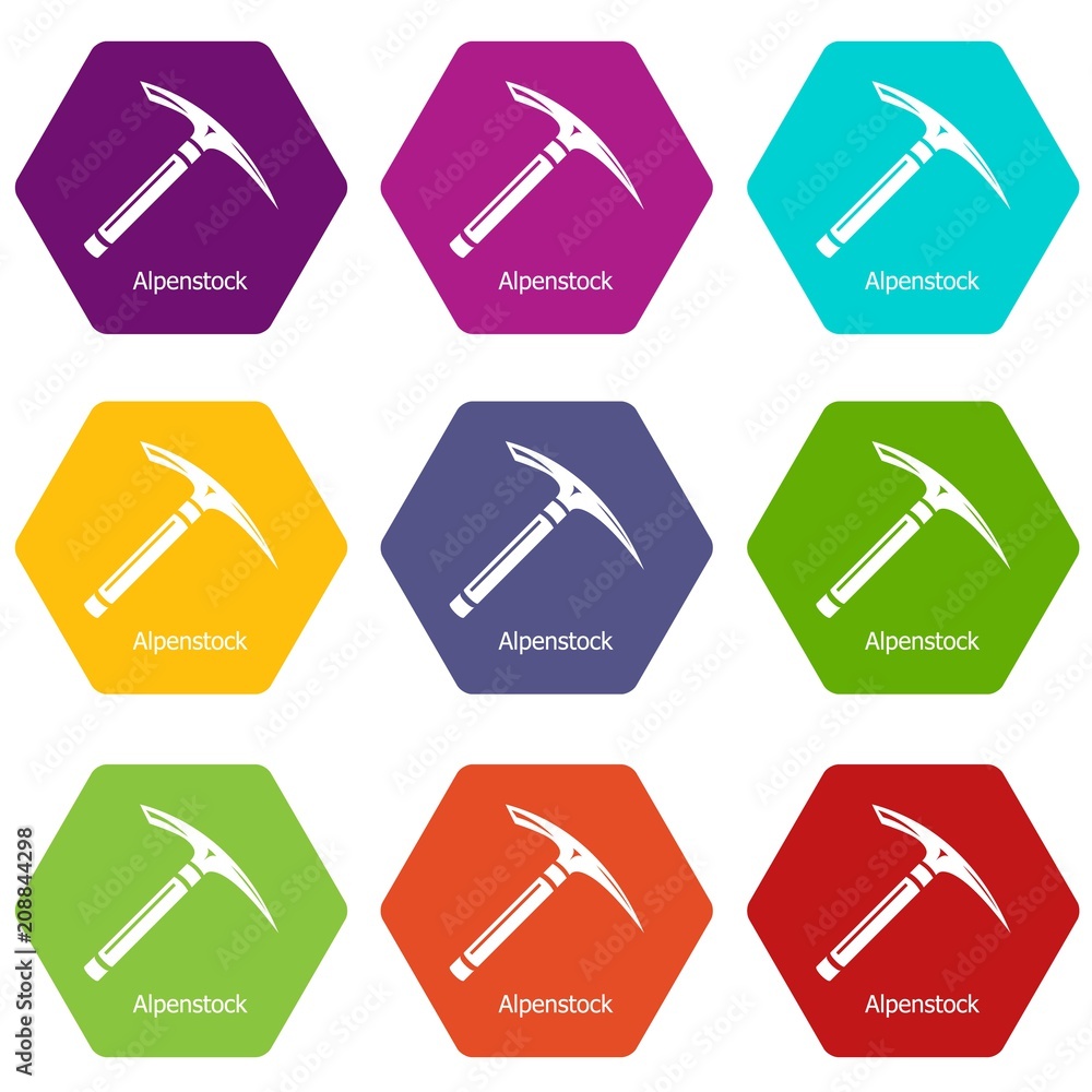 Poster pickaxe icons 9 set coloful isolated on white for web