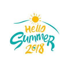 Hello Summer. 2018. Seasonal logo with yellow sun. Vector lettering template. 