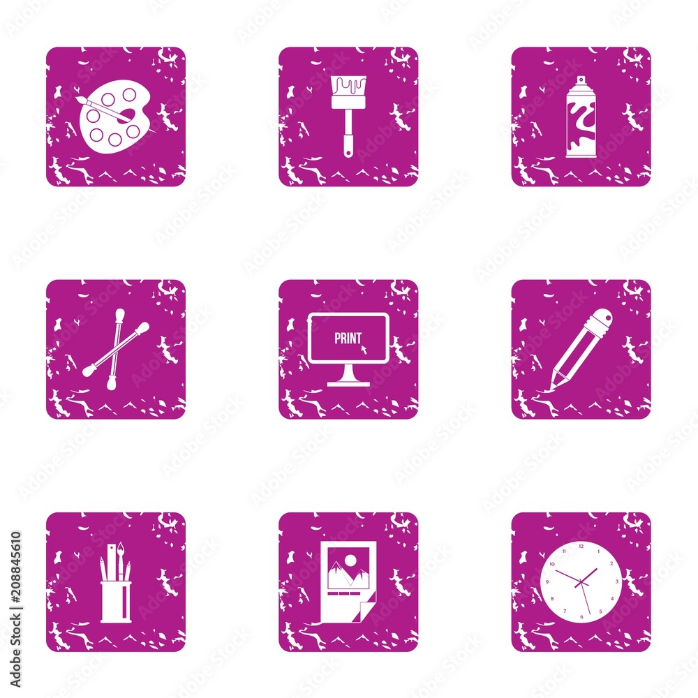 Poster paint material icons set. grunge set of 9 paint material vector icons for web isolated on white back