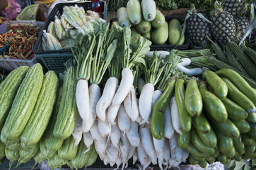 Pineapple, pepper, eggplant, radish, Mala and vegetables sold in the market in the morning and Songkla, Thailand good for health and body