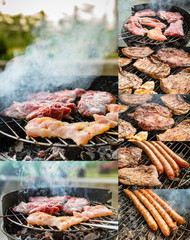 Grilled meat, pork, beef, chicken meat and sausage on barbecue, grill. Shallow depth of field. Collage of set photos.