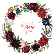 Watercolor floral illustration - burgundy flowers wreath / frame for wedding stationary, greetings, wallpapers, fashion, background. Peony, dahlia, rose, anemone, eucalyptus, olive, green leaves, etc.