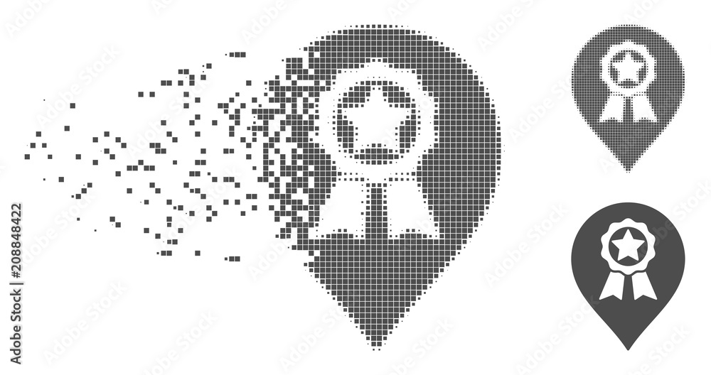 Poster gray vector award seal marker icon in fractured, dotted halftone and undamaged solid versions. disap