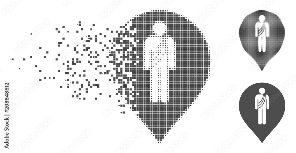 Poster gray vector buddhist monk marker icon in fractured, pixelated halftone and undamaged whole variants.