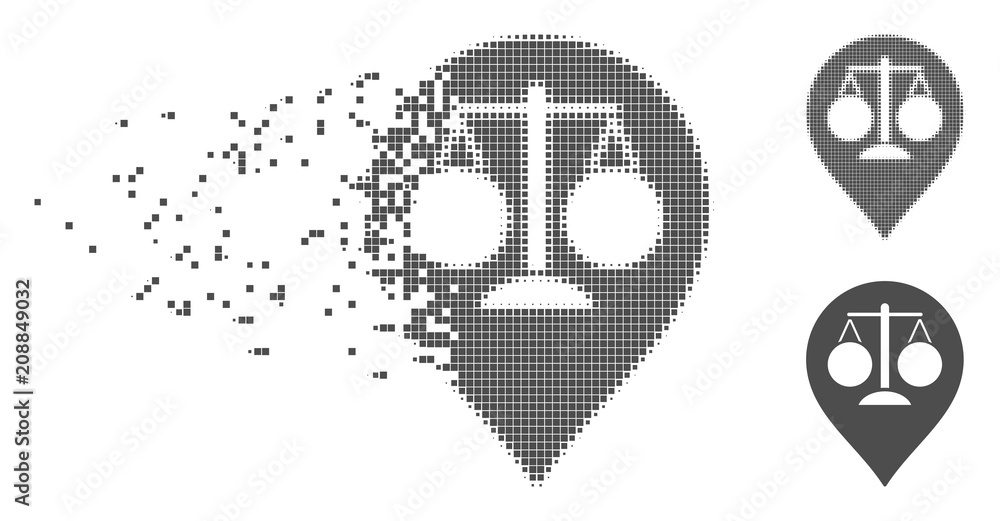Poster gray vector court map marker icon in dissolved, dotted halftone and undamaged whole versions. disapp