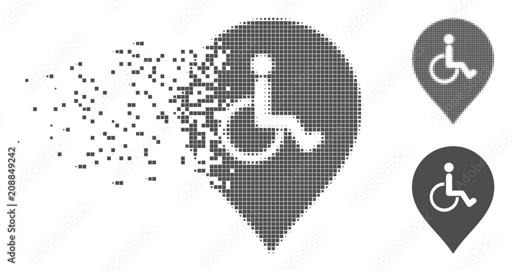 Poster gray vector disabled person parking marker icon in dissolved, pixelated halftone and undamaged entir