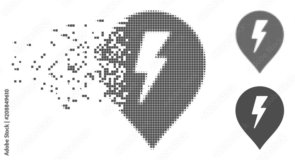 Poster grey vector electric shock marker icon in fractured, pixelated halftone and undamaged whole variants