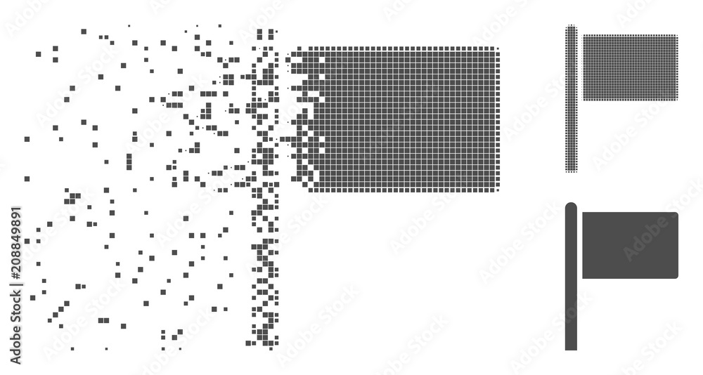 Poster gray vector flag pointer icon in fractured, pixelated halftone and undamaged solid versions. disinte