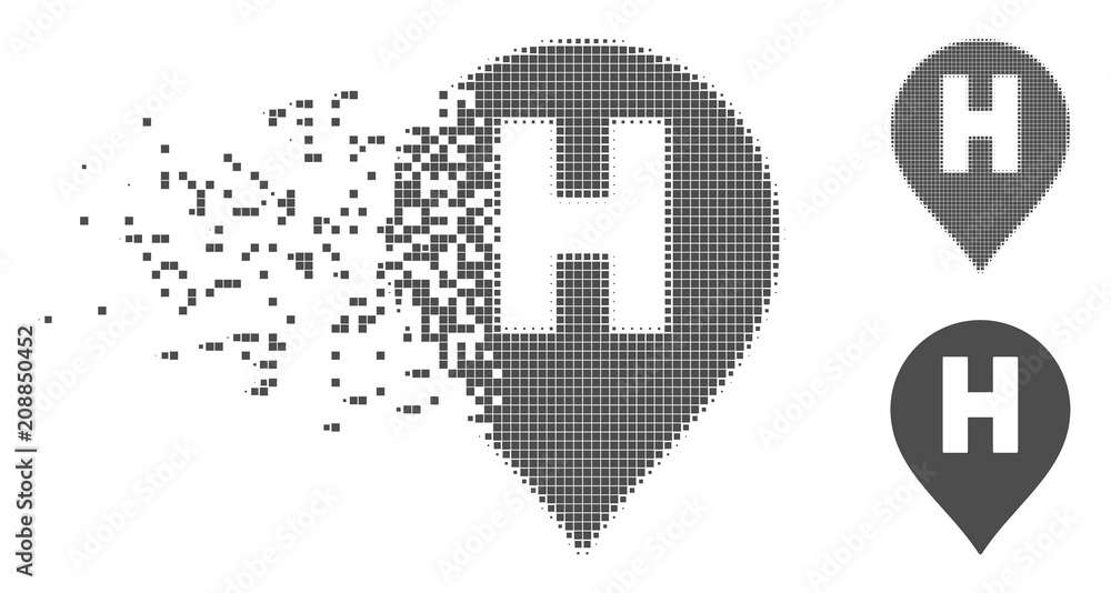 Poster gray vector hospital letter marker icon in fractured, pixelated halftone and undamaged entire versio
