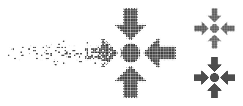 Gray vector meeting point icon in dispersed, pixelated halftone and undamaged whole variants. Disappearing effect involves square particles.