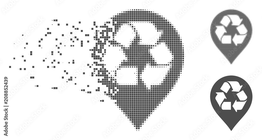 Poster grey vector recycle map marker icon in dispersed, dotted halftone and undamaged whole versions. disa