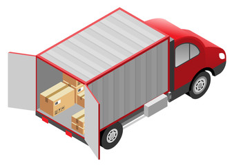 Transport services delivery of goods. Cardboard boxes and van truck