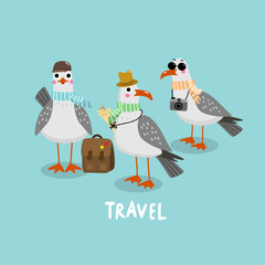 Seagull on vacation. Travel doodle. Bird character. Cute cartoon.
