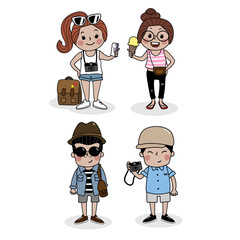 Tourist. Hipster lifestyle. Men and women outfits in summer.