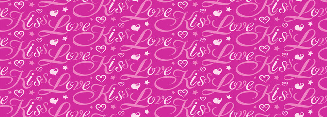 Seamless background with words love, kiss. Pink and white tones. Vector template for graphic design, packaging, advertising and web design.