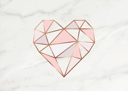 Geometric rose gold heart shape with marble background texture design for packaging, wedding card and cover template.    