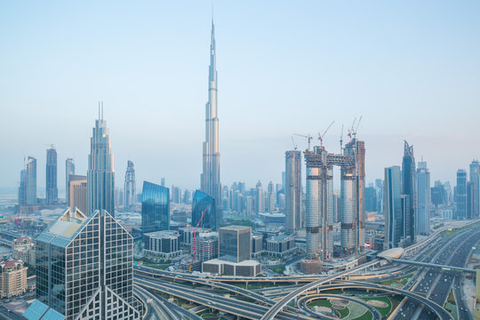 Burj Khalifa and the busy Sheik Zayed Road in Dubai during the blue hour