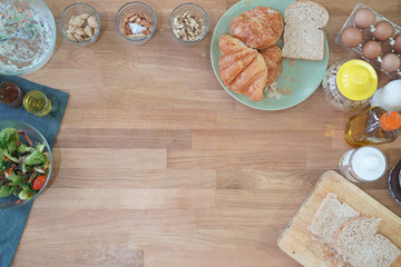 Top view cooking on wood table from above