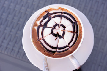 Relax time with hot cappuccino coffee in coffee cafe - Top view