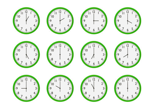 set of green wall clocks with different time isolated on white background
