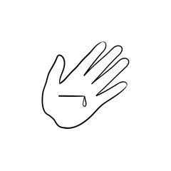 A hand with a wound hand drawn outline doodle icon. A wound with blood on a palm as injury concept vector sketch illustration for print, web, mobile and infographics isolated on white background.