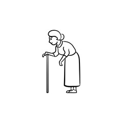 An old woman with a cane hand drawn outline doodle icon. Blind female with walking stick in old age vector sketch illustration for print, web, mobile and infographics on white background.