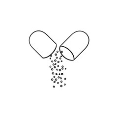 Opened capsule pill hand drawn outline doodle icon. Medicine powder in medical capsule as drug and pharmacy concept. Vector sketch illustration for print, web on white background.