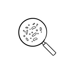 Bacteria under magnifying glass hand drawn outline doodle icon. Microorganism, germ, illness, epidemy vector sketch illustration for print, mobile and infographics on white background.