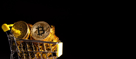 Bitcoin cryptocurrency coins with shopping cart consumer spending theme