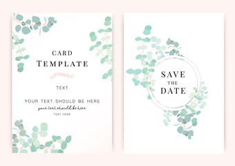 Wedding invite, invitation, rsvp, save the date card design with elegant peony pink garden rose anemone, wax flowers eucalyptus branches leaves, cute golden geometrical pattern. Vector template set