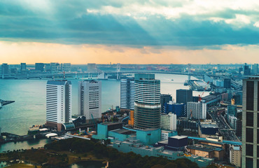 Aerial view of Tokyo Bay, Japan during a storm