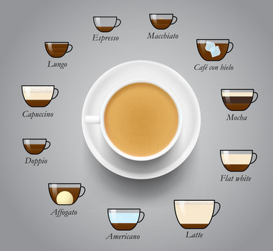 Set of espresso coffee types. Vector illustration. Ready to use for your design, presentation, menu, ad. EPS10.