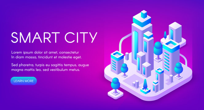Smart city vector illustration of town with digital communication technology. Isometric office skyscrapers and apartments with urban infrastructure on purple ultraviolet background