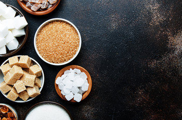 Different kinds of sugar in the assortment, top view