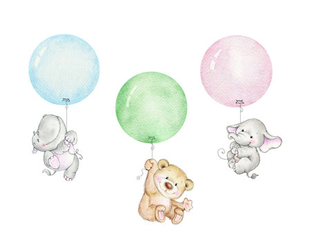 Teddy bear, elephant and hippopotamus flying on balloons