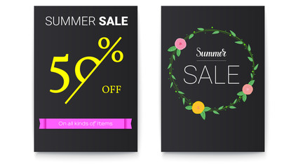 Set of sales posters with lettering design. Events of sales discount action with spring, summer flowers and handwritten doodles. Fifty percent off. Hand drawn vector template, 3D illustration.