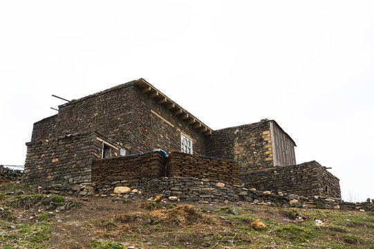 Azerbaijan, Khinalig mountain settlement view, houses of local residents. Located high up in the mountains of Quba Rayon, Azerbaijan.