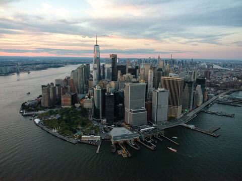 Lower Manhattan And The New York Harbor At Sunset From Above.