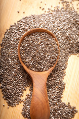 Close up Chia seeds in wooden spoon , superfood and rich of nutrient an antioxidant