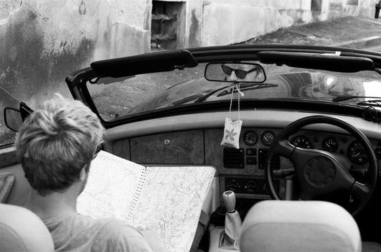 Man in classic car