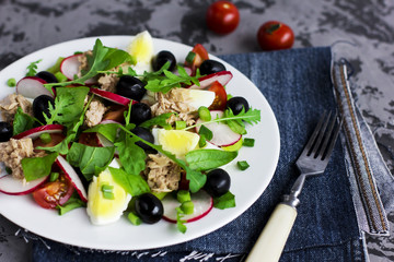 Nicoise salad with tuna, egg, cherry tomatoes and black olives on grey dark barckground